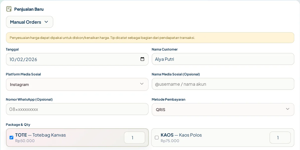Form Penjualan Baru di KAIRO: tanggal, nama customer, platform, metode pembayaran, paket, dan topik
